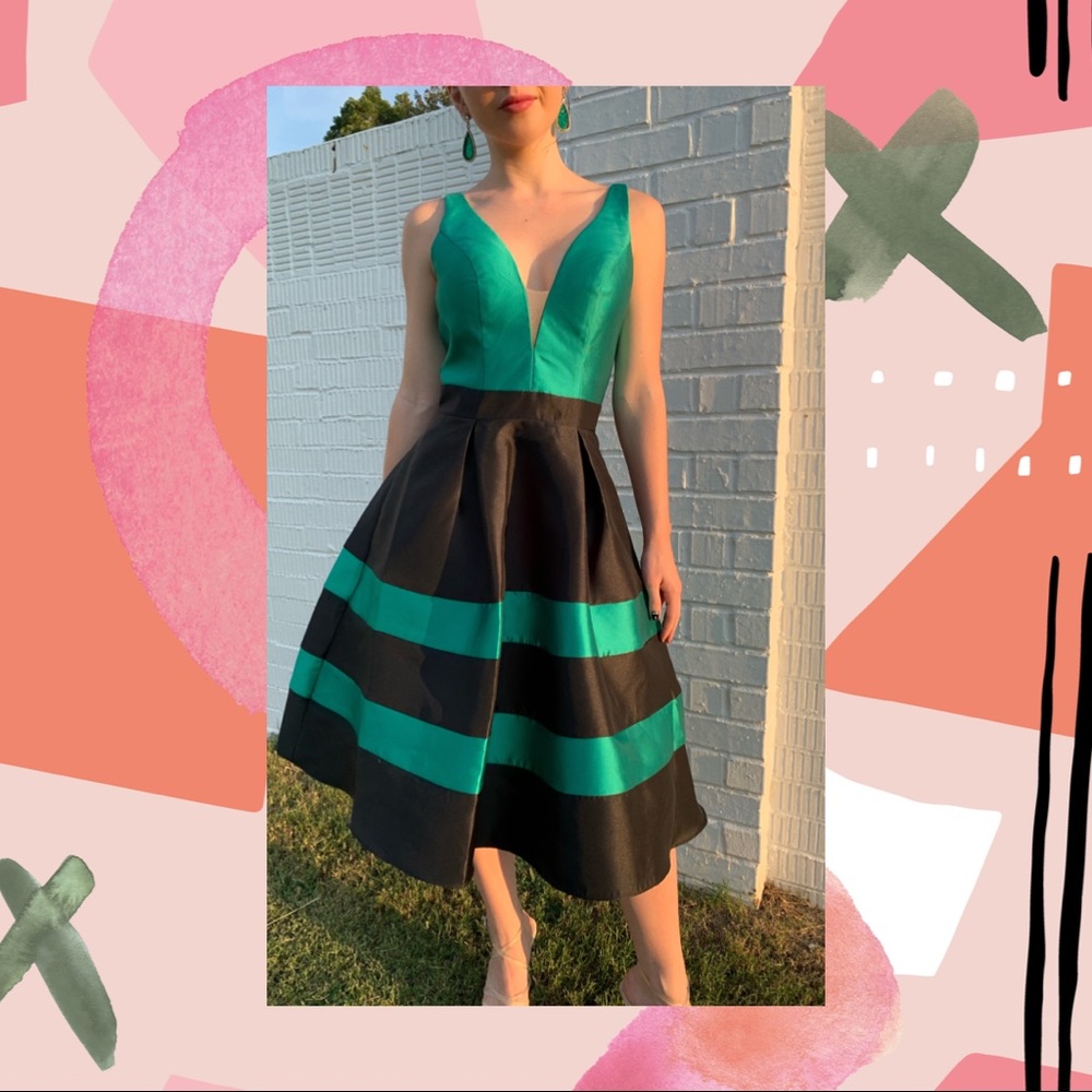 Green Striped Cocktail Prom Formal Dress